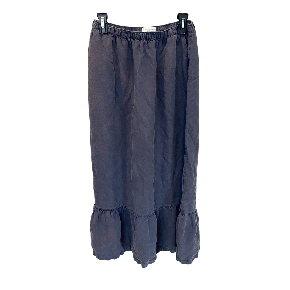 Calypso St. Barth Lyocell Linen Midi Skirt Boho Lagenlook Ruffle Hem Size Medium